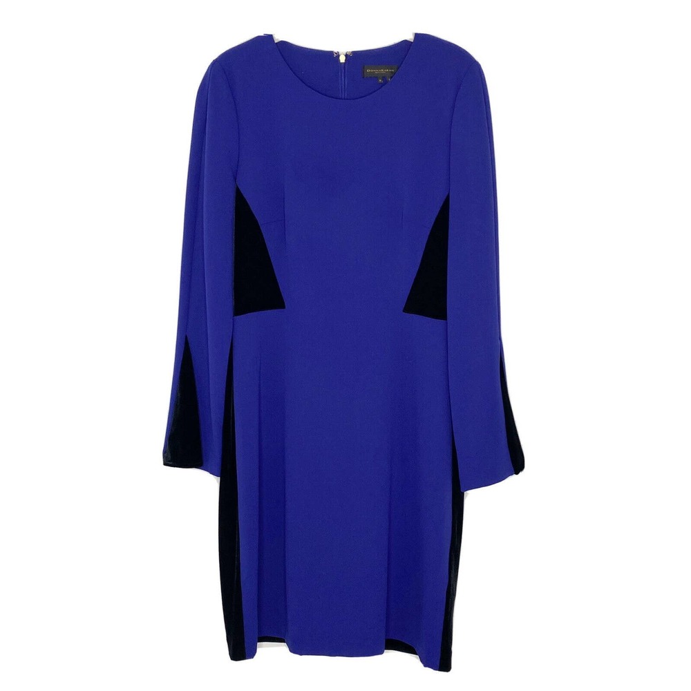 Donna Karan New York Velvet Black & Blue Long Sleeve Colorblock Dress Size 10 O1 - Picture 1 of 6